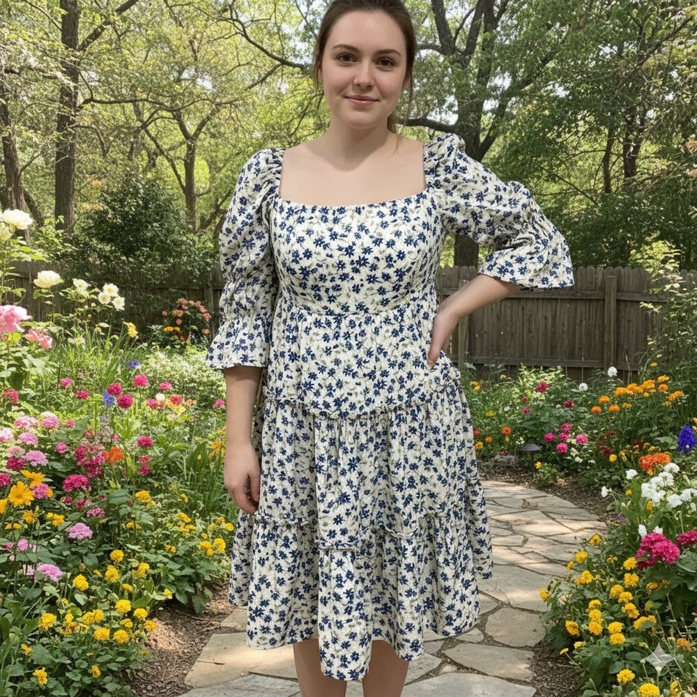 Exlura Blue Ivory Floral Puff Sleeve Tiered Square Neck Midi Dress Size L